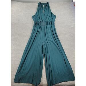 Anthropologie Bionda Plisse Jumpsuit XL Green Wide Leg Smocked Waist Pull On